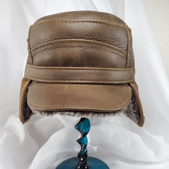 Ricardo BH Brown Leather Aviator Hat With Faux Fur Lining Elmer Fudd Ear flaps - Picture 1 of 16